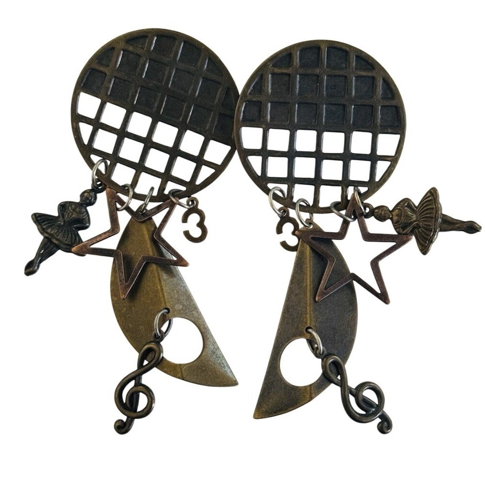 Statement BOHO Earrings VTG Star Ballerina Pierced Dangle Bronze Mod Charm‎ 80s